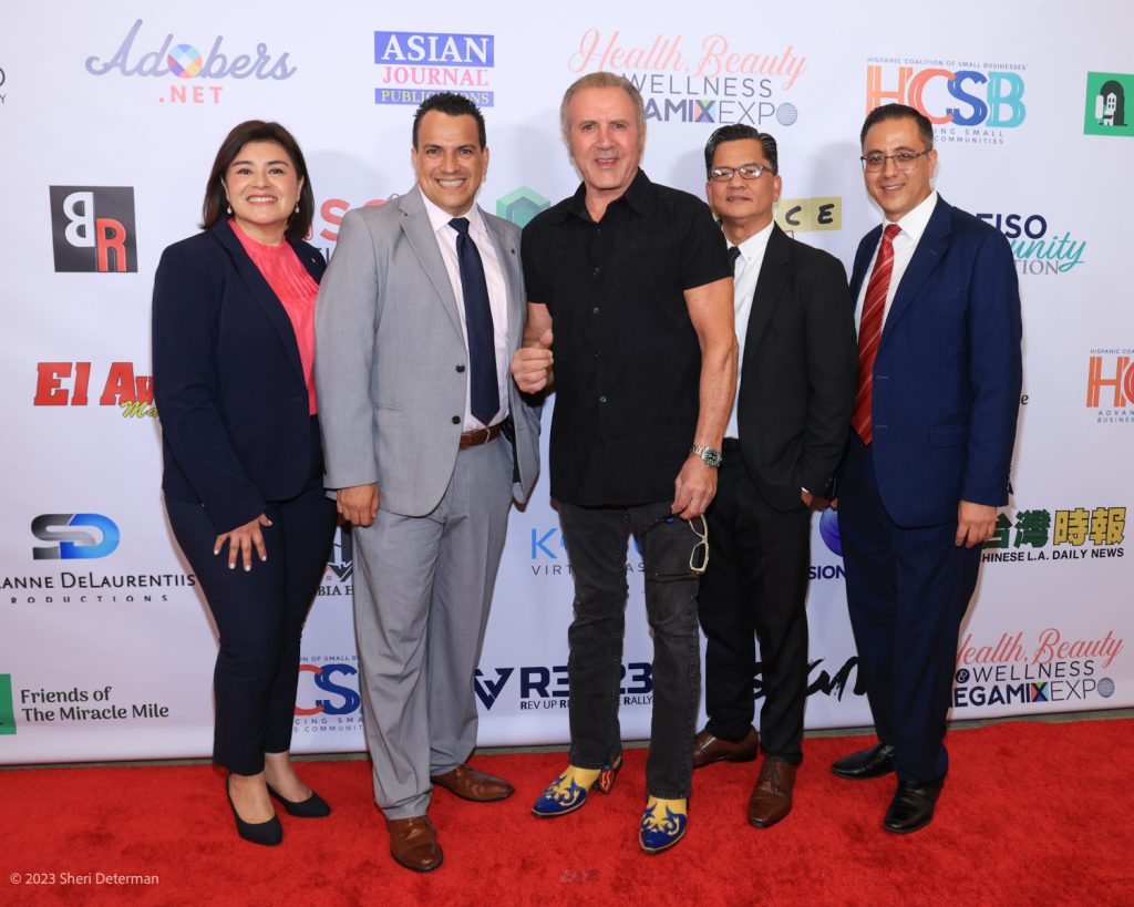 San Gabriel, California, USA. 27th July, 2023. Guest, Alexis Salamanca, actor Frank Stallone, Tony Chi-Su Gutierrez, and Angelo Varsobia attending the Health & Beauty Mega Mix Expo at the Hilton Los Angeles/San Gabriel in San Gabriel, California. Credit: Sheri Determan