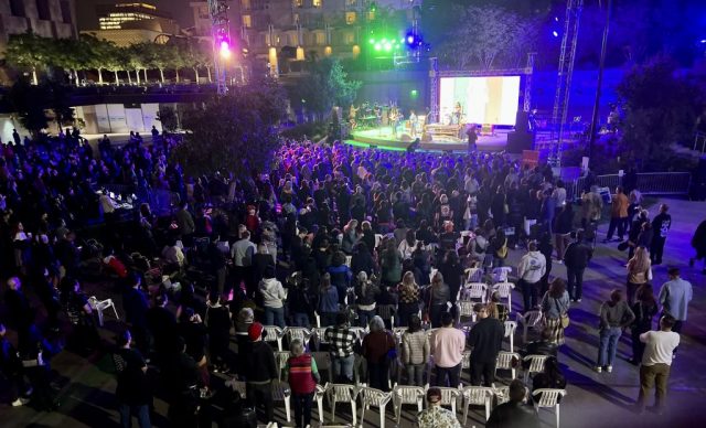 Over Head Crowd Shot Eloise Wong of The Linda Lindas and Alice Bag perform at the premiere of ARTBOUND “Chinatown Punk Wars” at Grand Performances on September 22, 2023. Photo courtesy of KCET.