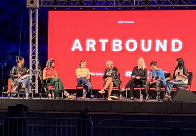 LAist Panel The Linda Lindas celebrate the premiere of ARTBOUND “Chinatown Punk Wars” at Grand Performances on September 22, 2023. Photo courtesy of KCET.