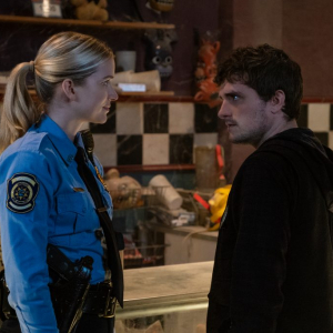 (from left) Vanessa Shelly (Elizabeth Lali) and Mike (Josh Hutcherson) in Five Nights at Freddy's, directed by Emma Tammi.