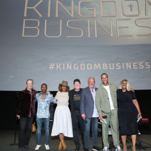 NORTH HOLLYWOOD, CALIFORNIA - NOVEMBER 06: (L-R) Kerry Lenhart, Kirk Franklin, Deb Evans, JJ Sakamar, Michael Van Dyke, DeVon Franklin, and Dr. Holly Carter attend the BET+ premiere screening for "Kingdom Business" Season 2 at Television Academy's Wolf Theatre at the Saban Media Center on November 06, 2023 in North Hollywood, California. (Photo by Robin L Marshall/Getty Images for BET+ )