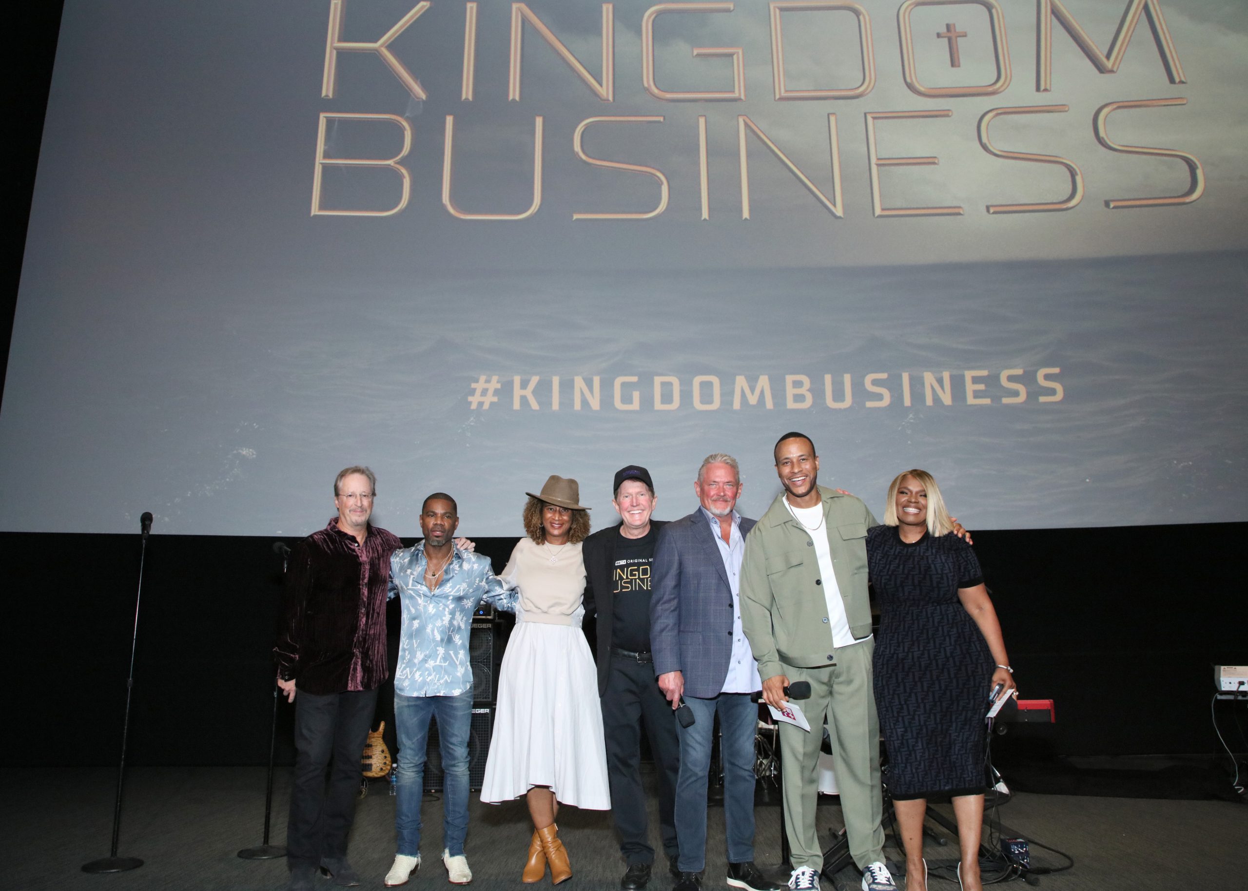 NORTH HOLLYWOOD, CALIFORNIA - NOVEMBER 06: (L-R) Kerry Lenhart, Kirk Franklin, Deb Evans, JJ Sakamar, Michael Van Dyke, DeVon Franklin, and Dr. Holly Carter attend the BET+ premiere screening for "Kingdom Business" Season 2 at Television Academy's Wolf Theatre at the Saban Media Center on November 06, 2023 in North Hollywood, California. (Photo by Robin L Marshall/Getty Images for BET+ )