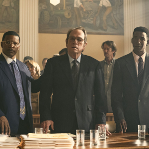Jamie Foxx as Willie Gary, Pamela Reed as Annette O'Keefe, Tommy Lee Jones as Jeremiah O'Keefe, and Mamoudou Athie as Hal Dockins in The Burial Photo: Skip Bolen © AMAZON CONTENT SERVICES LLC