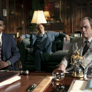 Mamoudou Athie as Hal Dockins, Dorian Missick as Reggie Douglas, and Tommy Lee Jones as Jeremiah O'Keefe in The Burial Photo: Skip Bolen © AMAZON CONTENT SERVICES LLC