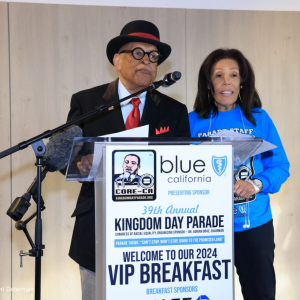 Los Angeles, California, USA. 15th January, 2024. Adrian Dove Sabra Waddy attending the 39th Annual MLK Kingdom Day Parade - VIP Breakfast, at the BMO Stadium at the Founders Club Room in Los Angeles, California on January 15, 2024. Credit: Sheri Determan