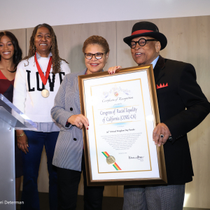 Los Angeles, California, USA. 15th January, 2024.  Major Bass Honors CORE attending the 39th Annual MLK Kingdom Day Parade - VIP Breakfast, at the BMO Stadium at the Founders Club Room in Los Angeles, California on January 15, 2024. Credit: Sheri Determan