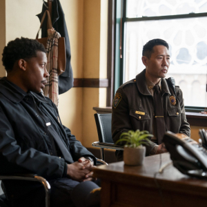 Namir Smallwood (‘Sheriff Frank Deluca’) and Rob Yang (‘Chief Steve Park’) in American Rust: Broken Justice