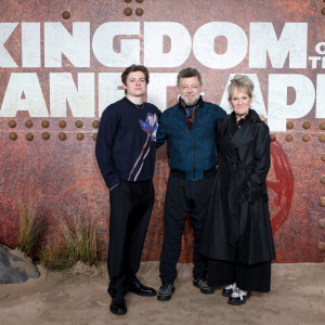 (L to R) Louis Ashbourne Serkis, Andy Serkis and Lorraine Ashbourne attend the UK Launch Event of 20th Century Studios’ 'Kingdom of the Planet of the Apes' at BFI IMAX Waterloo, London, on April 25, 2024. (Photo by StillMoving.Net for Disney)