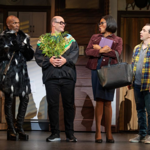 (L to R) Nik Alexander (Andre Mayhem), Aaron Kaburick (Frank Hillard), Romelda Teron Benjamin, and Rob McClure (Daniel Hillard) Photo credit: Joan Marcus