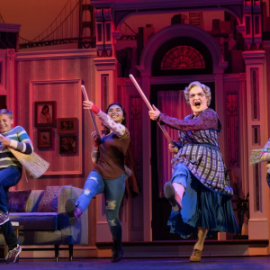 (L to R) Axel Bernard Rimmele (Christopher Hillard), Giselle Guiterrez (Lydia Hillard), Rob McClure (Euphegenia Doubtfire), and Kennedy Alexandra Pitney (Natalie Hillard) Photo credit: Joan Marcus