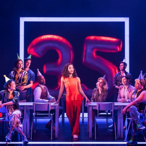 Britney Coleman as Bobbie (center) and the North American Tour of COMPANY.Photo credit: Matthew Murphy for MurphyMade