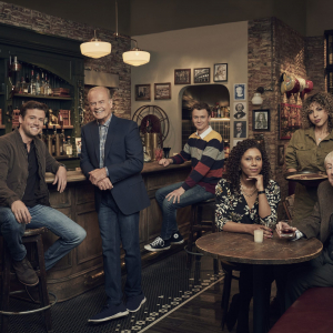Frasier L-R: Jack Cutmore-Scott as Freddy Crane, Kelsey Grammer as Frasier Crane, Anders Keith as David Crane, Toks Olagundoye as Olivia, Jess Salgueiro as Eve and Nicholas Lyndhurst as Alan in Frasier, streaming on Paramount+, 2023. Photo credit: Pamela Littky/Paramount+