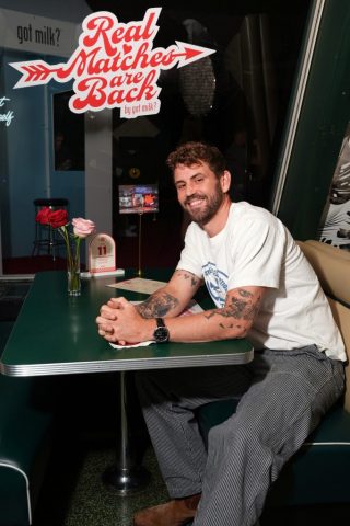 WEST HOLLYWOOD, CALIFORNIA - OCTOBER 08: Nick Viall poses as 'Love Island USA' star Kordell Beckham kicks off cuffing season with the creators of iconic 'Got Milk?' to debut "Real Matches are Back" campaign at Mel's Drive In on October 08, 2024 in West Hollywood, California. (Photo by Presley Ann/Getty Images for California Milk Processor Board - Creators of Iconic 'GOT MILK?')