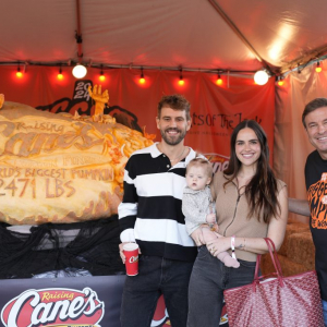 Will You Accept This Gourd? Nick Viall, Natalie Joy, their baby girl,Raising Cane’s Owner Founder Todd Graves Celebrate the World’s Biggest Pumpkin at Nights of the Jack in Los Angeles/Photo Raising Cane's