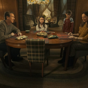 Pete Holmes as Bob, Molly Wright as Beth, Sebastian Billingsley-Rodriguez as Charlie and Judy Greer as Grace in The Best Christmas Pageant Ever. Photo Credit: Allan Fraser