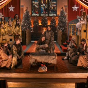 Essek Moore as Ollie Herdman, Ewan Wood as Leroy Herdman, Lorelei Olivia Mote as Alice, Matthew Lamb as Claude Herdman, Molly Wright as Beth, Beatrice Schneider as Imogene Herdman, Mason Nelligan as Ralph Herdman, Kynlee Heiman as Gladys Herdman, Sebastian Billingsley-Rodriguez as Charlie in Best Christmas Pageant Ever. Photo Credit: Allen Fraser