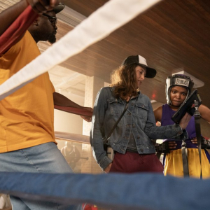 Actor Brian Tyree Henry, director Rachel Morrison and actor Ryan Destiny on the set of THE FIRE INSIDE. An Amazon MGM Studios film.Photo Credit: Sabrina Lantos © 2024 Amazon Content Services LLC. All Rights Reserved.