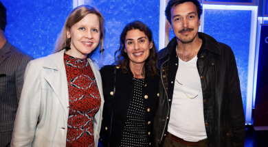 Executive Vice President of Actual Films Justin Nagan, PBS SoCal Chief Content Officer Tamara Gould and Artist Cannupa Hanska Luger gather post-screening at PBS SoCal’s ART & SCIENCE COLLIDE premiere at The Getty Center on October 14, 2025.