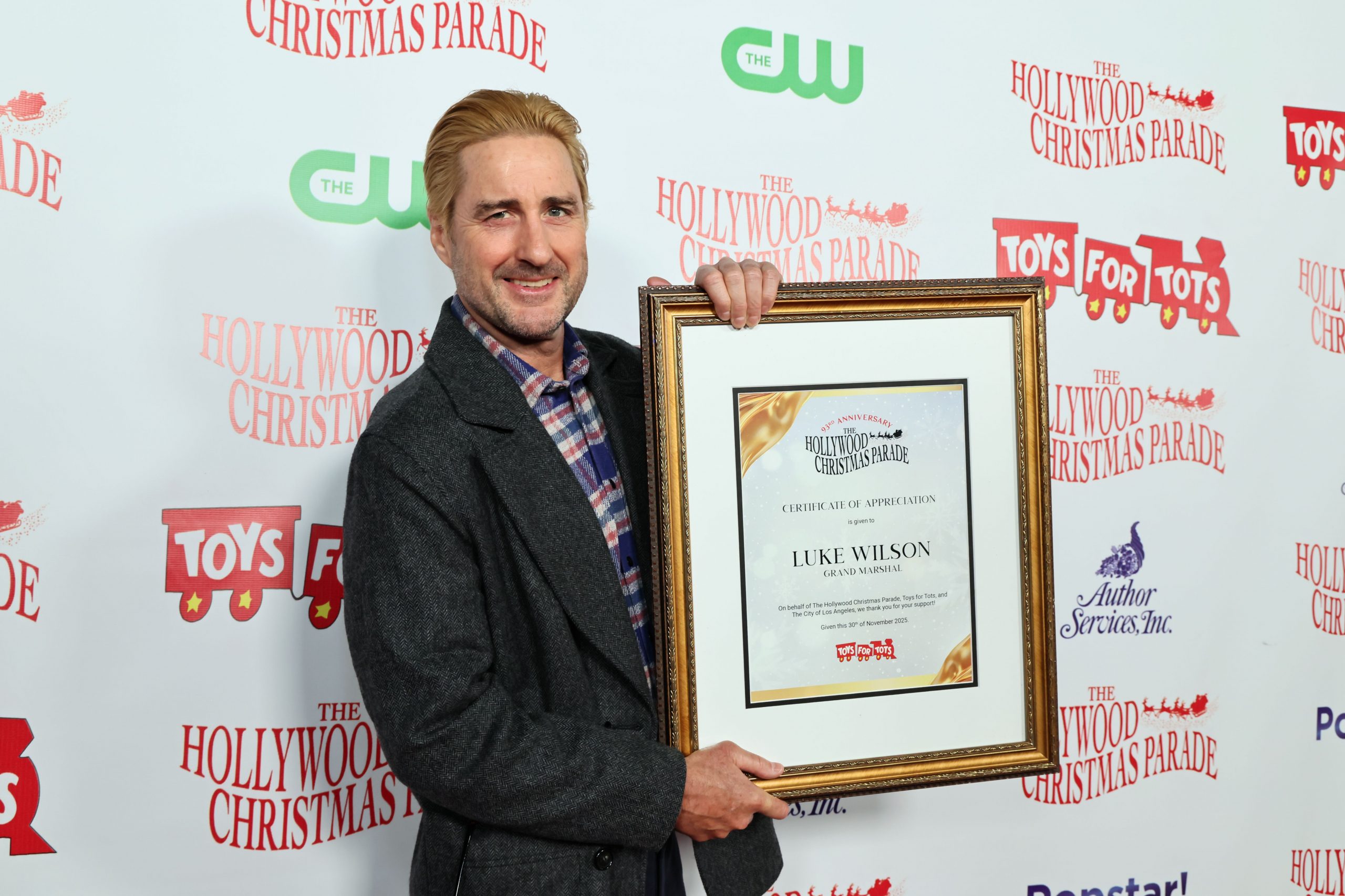 HOLLYWOOD, CALIFORNIA - NOVEMBER 30: Grand Marshal Luke Wilson attends the 93rd Annual Hollywood Christmas Parade with Grand Marshal Luke Wilson in Support of Marine Toys for Tots on November 30, 2025 in Hollywood, California. (Photo by Rodin Eckenroth/Getty Images for Hollywood Christmas Parade)